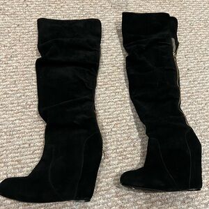 Black Suede Knee-High Wedge Boots